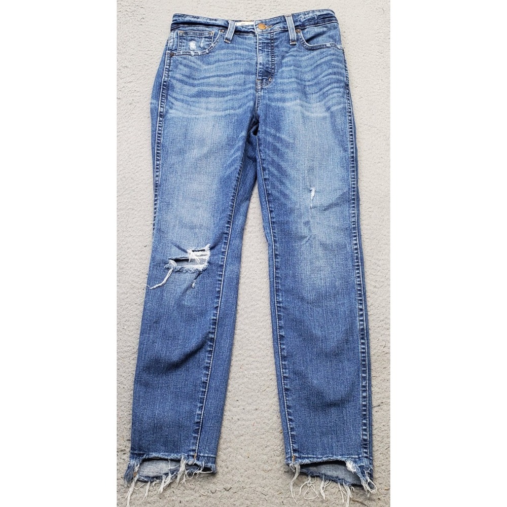 Madewell Skinny Jeans Women 27P Blue Denim Stretch  Raw Hem Whiskered Distressed